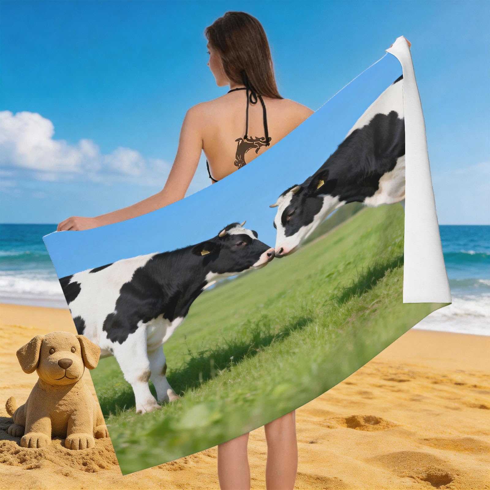 Leichong Men's Black & White 3D Black White Cow Beach Towel Large Microfiber Soft Quick Dry For Adults, Savanna Animals Bath Towel Lightweight Soft Absorbent For Travel Swimming Pool Sports, 180 X 90 Cm