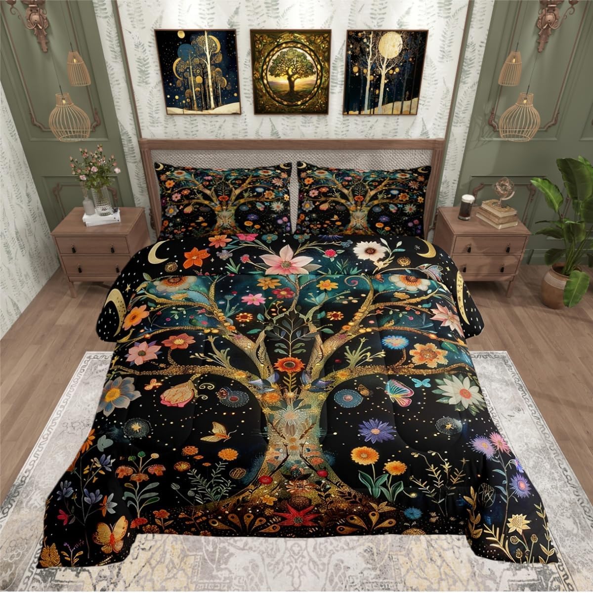 Tree of Life Comforter Sets Queen,Bohemian Botanical Tree Bedding Sets,Wild Flowers Leaves Butterfly Quilted Duvet for Kids Teens Girls,Boho Style Country Decor Duvet Insert,2 Pillowcases