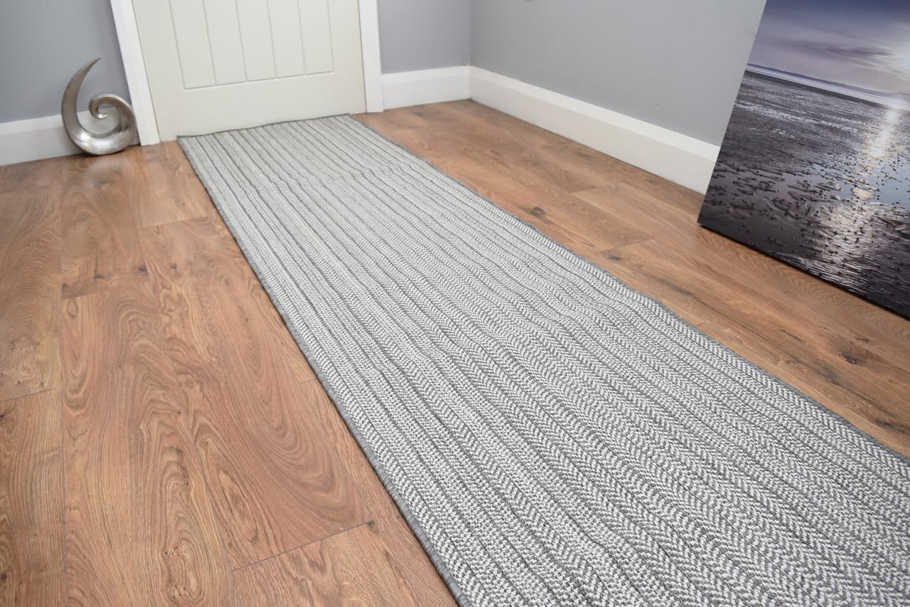 SrS Rugs® Luna Flatweave Collection, Reversible Indoor Outdoor Runner Rug for Hallway, Kitchen, and Entrance. Smooth Soft 2mm Depth Pile. 70cm Wide. Any Length (Woven Grey, Length: 12' (366cm))