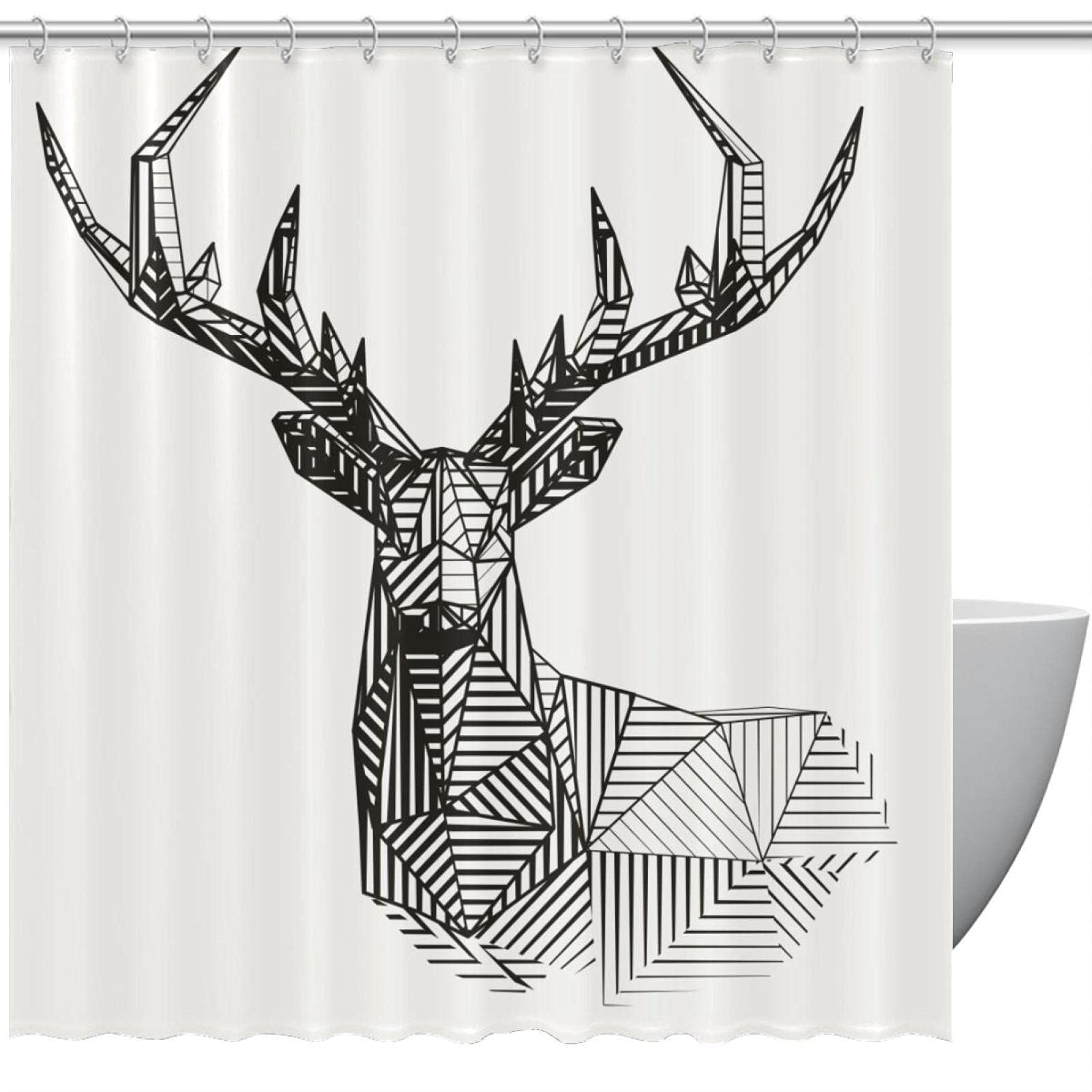 Rideau de douche géométrique élan avec motif scandinave noir et blanc et crochets inclus