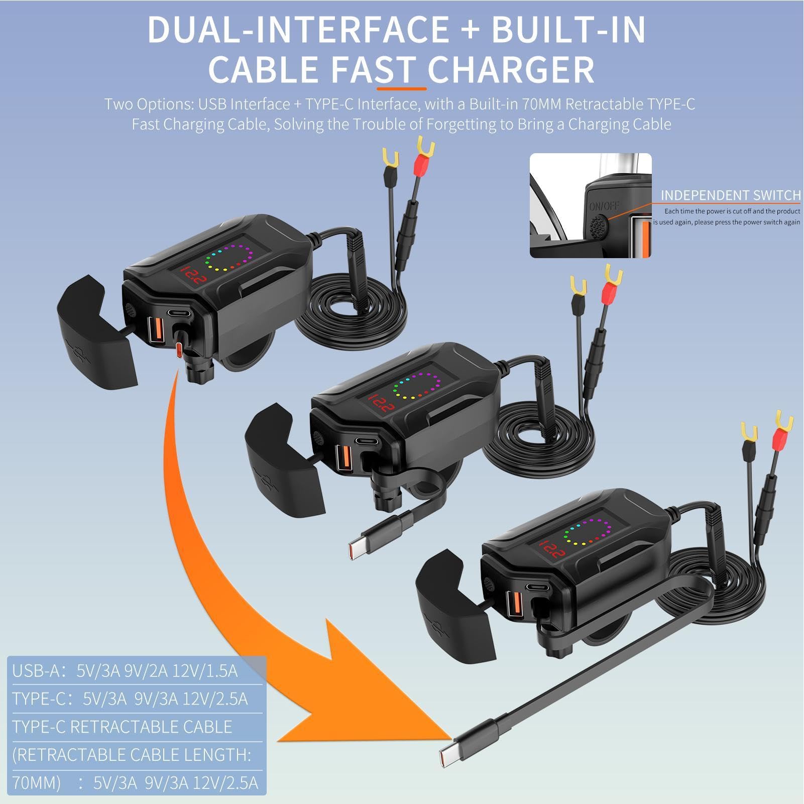 Porta di Ricarica USB per Moto Adattatore Tipo-C Impermeabile Retrattile