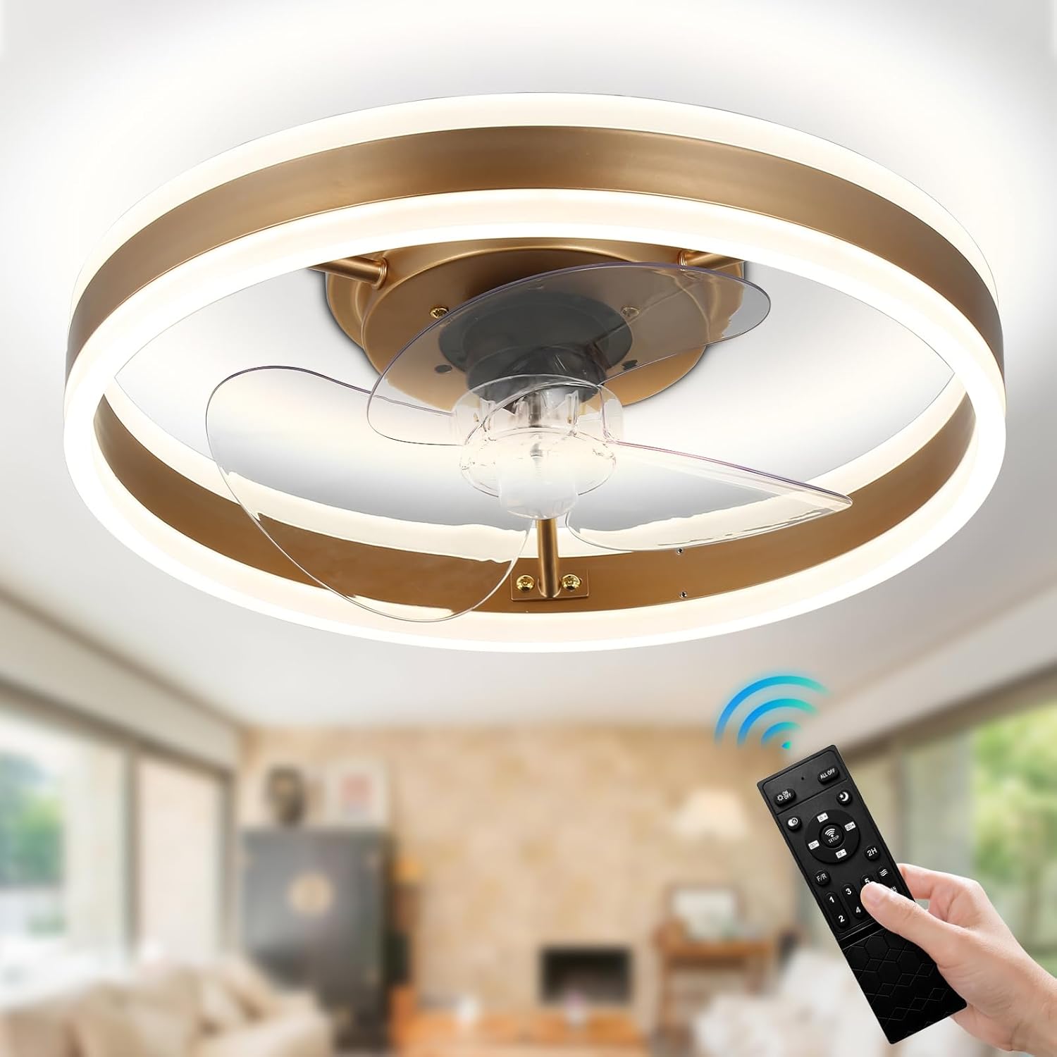 Modern Ceiling Fans with Lights,16in Flush Mount Ceiling Fan with 6 Wind Speeds,Smart Bladeless Ceiling Fan Light with Remote for Bedroom,Living Room(Gold)