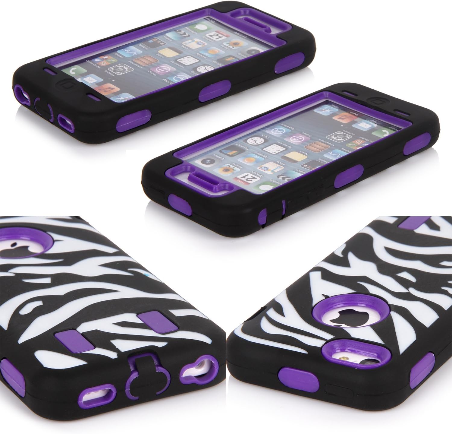 iPhone 5C Case, E LV iPhone 5C case - heavy Duty Rugged Dual Layer Hybrid Armor Defender Case Cover for iPhone 5C with 1 Screen Protector, 1 Black Stylus and 1 Microfiber - ZEBRA PURPLE