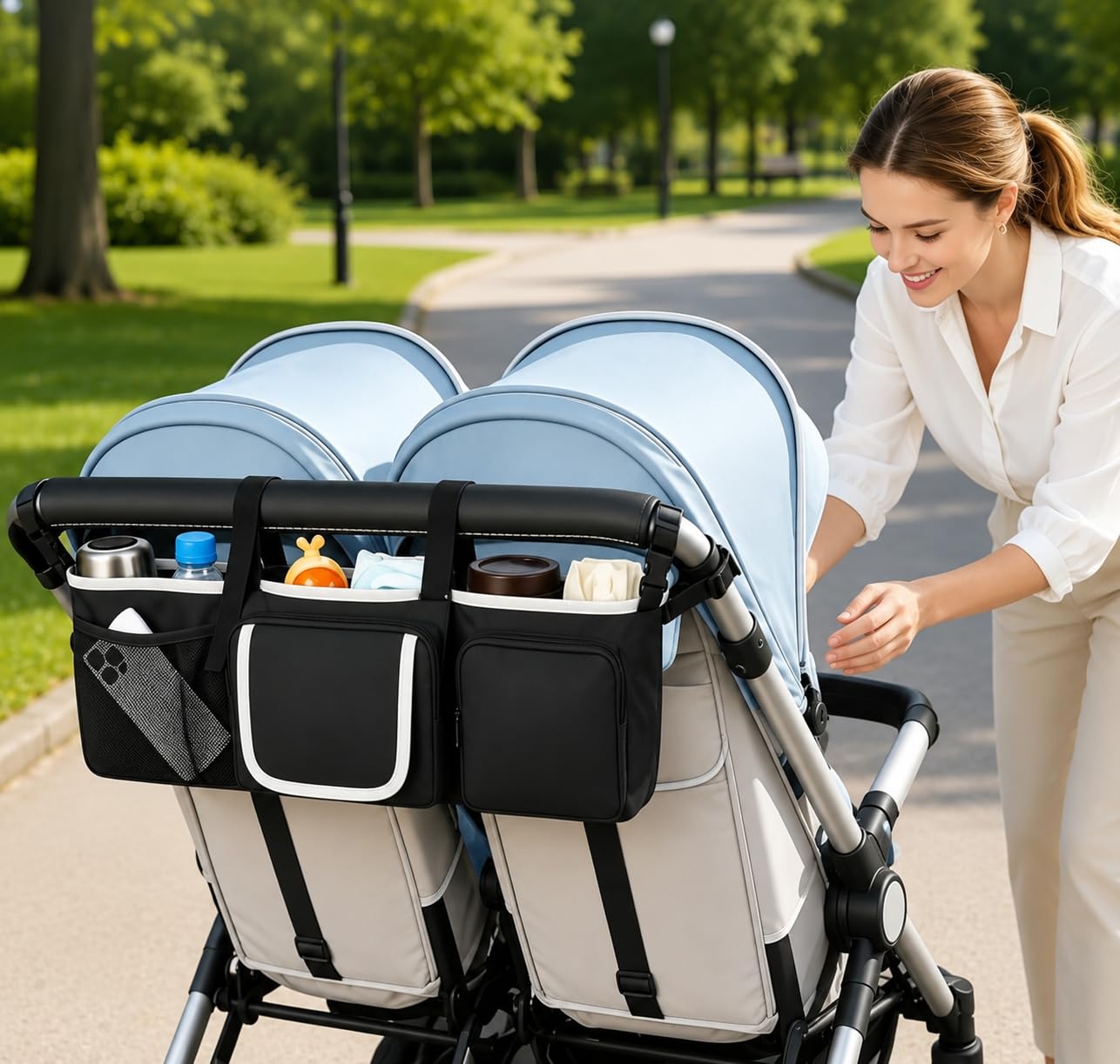 Organizador universal para cochecito de bebé, con portavasos aislados, para pañales y juguetes, adecuado para todos los modelos de vehículos todoterreno