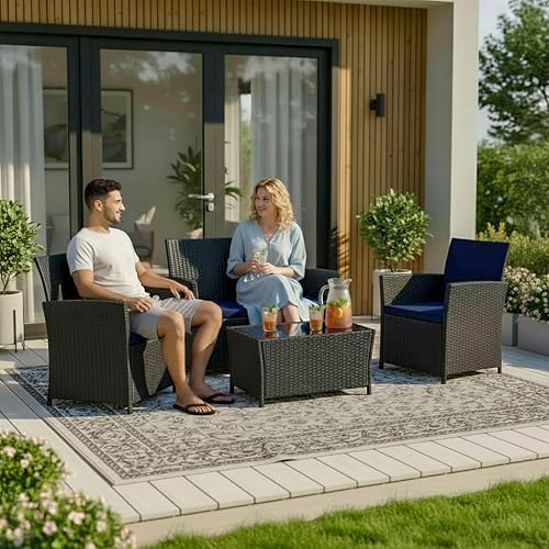 Miniatura 2 de Juego de muebles de patio al aire libre, juego de conversación de mimbre de 4 piezas, juego seccional de ratán para exteriores con cojines, mesa