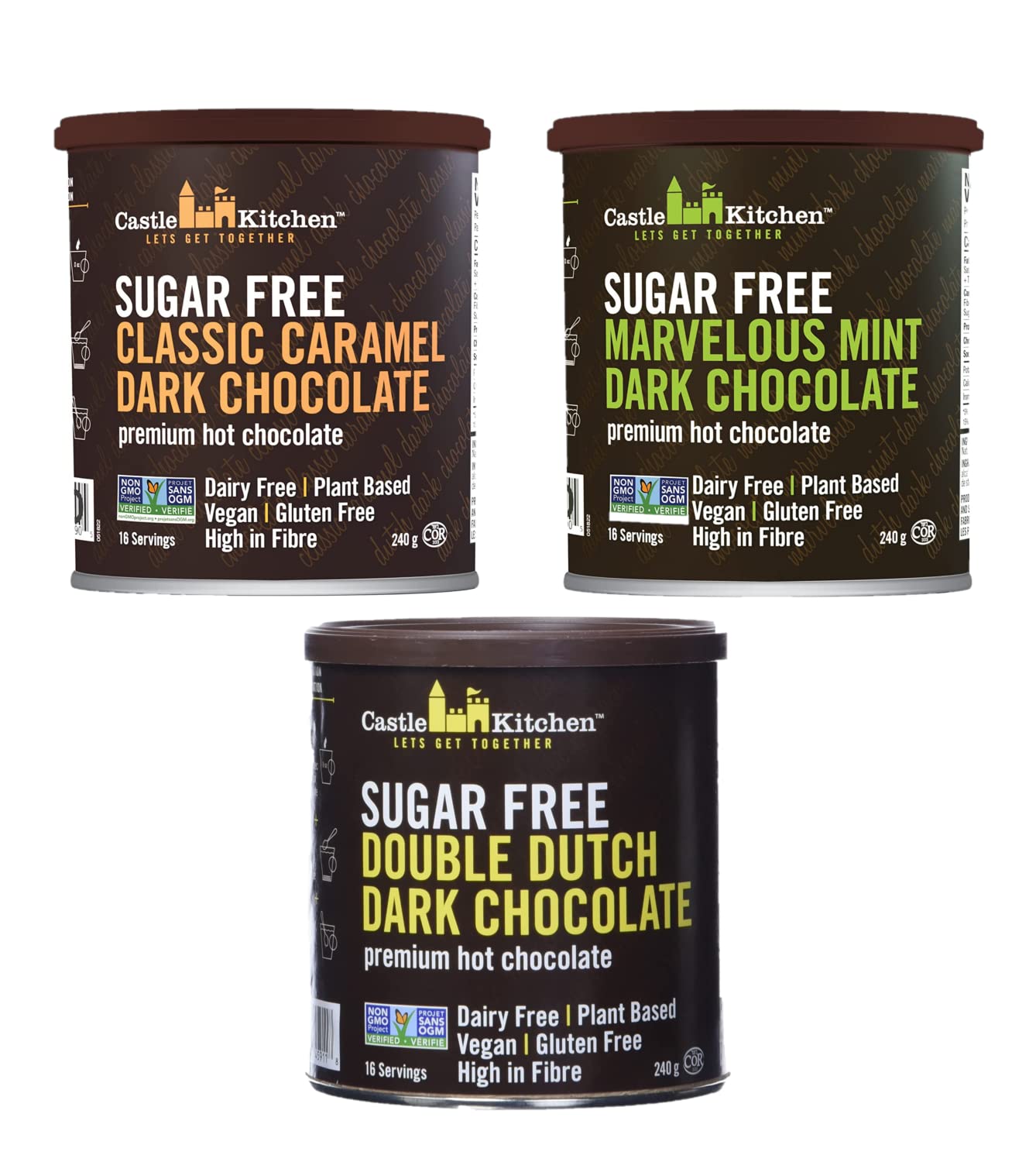 Castle Kitchen Sugar Free Double Dutch Dark Hot Chocolate (6 Pack) Premium Plant Based, Dairy Free, Gluten-Free, Vegan Hot Coca Mix - Just Add Water - 14 oz Can