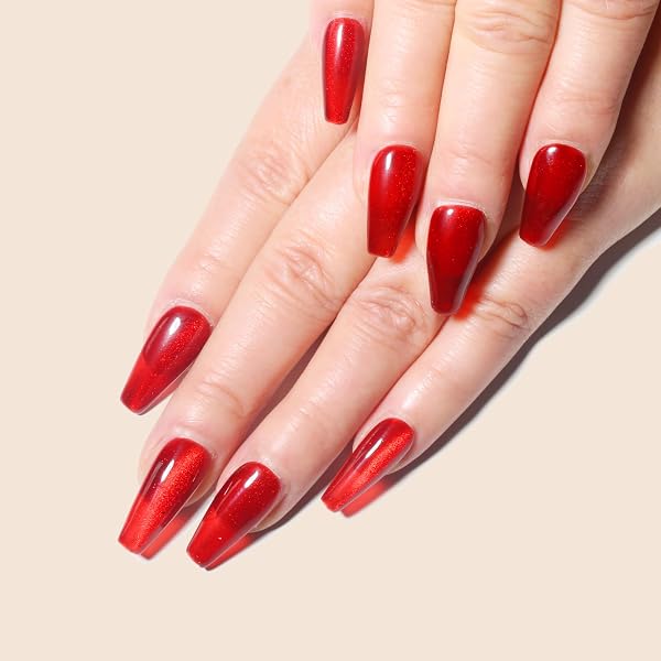 Sun&Beam Nails Handmade Press-on Medium Long Coffin Red Ruby Magnet False Nail Tips Hand-drawn Design Fashionable 10 Pcs Set (#164 L) - 3