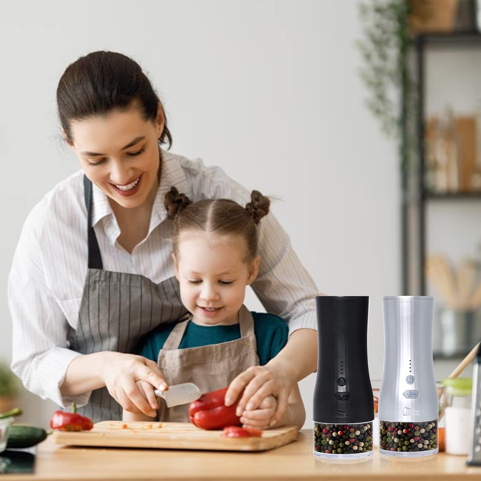 Uten Rechargeable Salt & Pepper Mills - Ceramic Grinder -8 Uten Rechargeable Salt & Pepper Mills - Ceramic Grinder -8