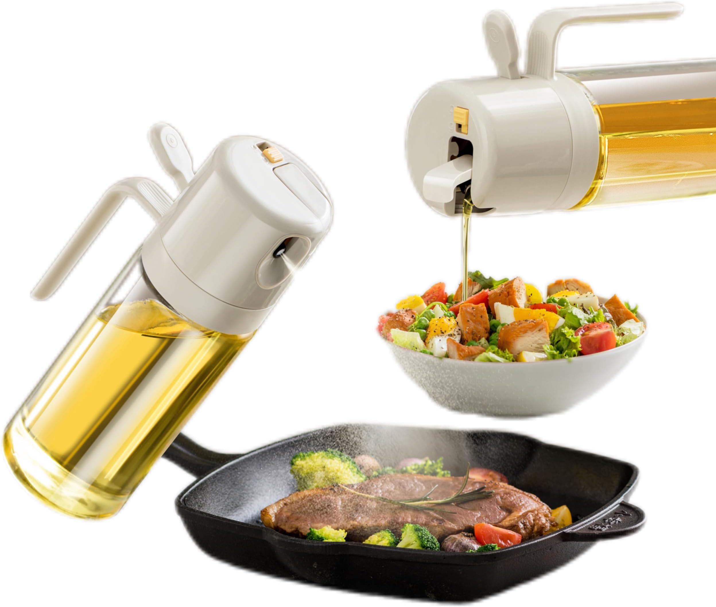 MDZF SWEET HOME Oil Sprayer for Cooking, 18.6oz/550ml 2 in 1 Olive Oil Dispenser Bottle for Kitchen, Oil Mister Spray Bottle for Cooking, Air Fryer, Salad, Frying, BBQ (Creamy White)