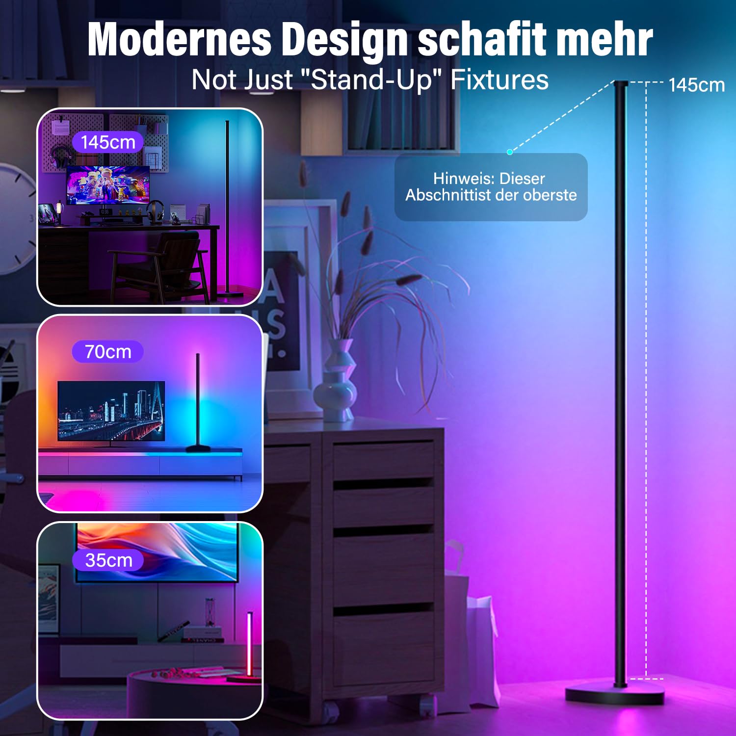 Lampe d'Angle LED RGB, 68 Modes de Scène, 146cm, Noir