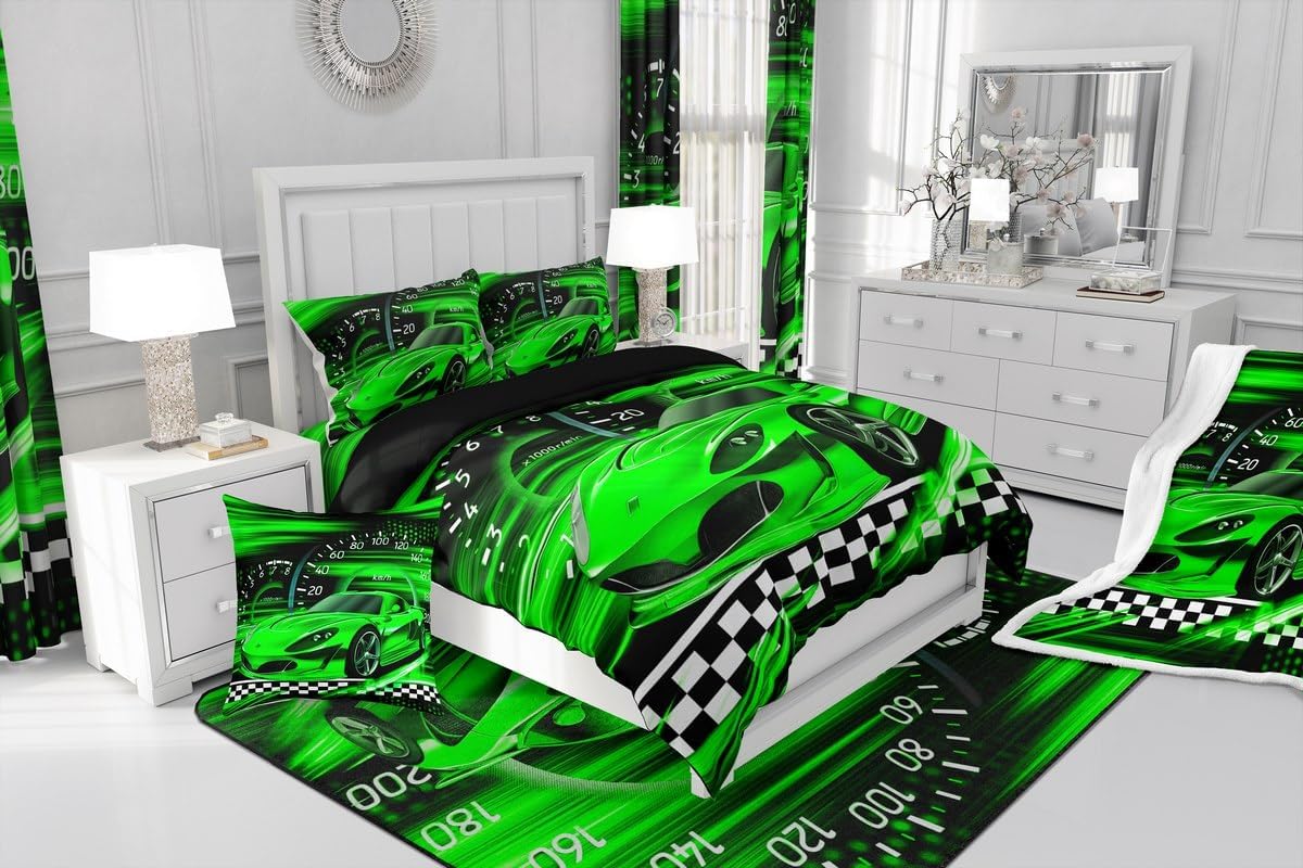 Feelyou Green Race Car Area Rug 3x5, Green Black Ombre Racing Car Living Room Rugs Speed Sports Car Decorative Carpet for Kids Extreme Sports Indoor Floor Mat Non-Slip Accent Rug