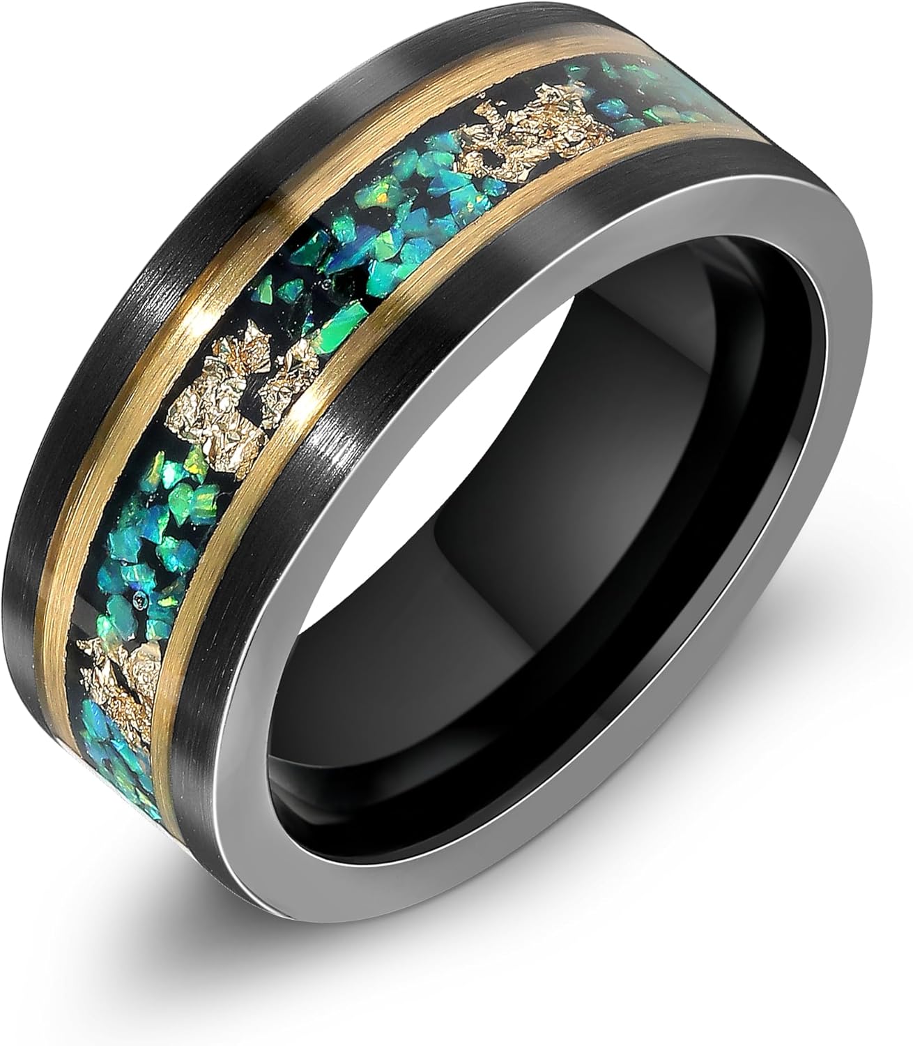 8mm Tungsten Wedding Bands for Men Black/Rose Gold Plated with Ruby/Gold Foil/Sandstone/Opal/Wood/Moss Agate Daily Wear Promise Rings for Him Size 7-14
