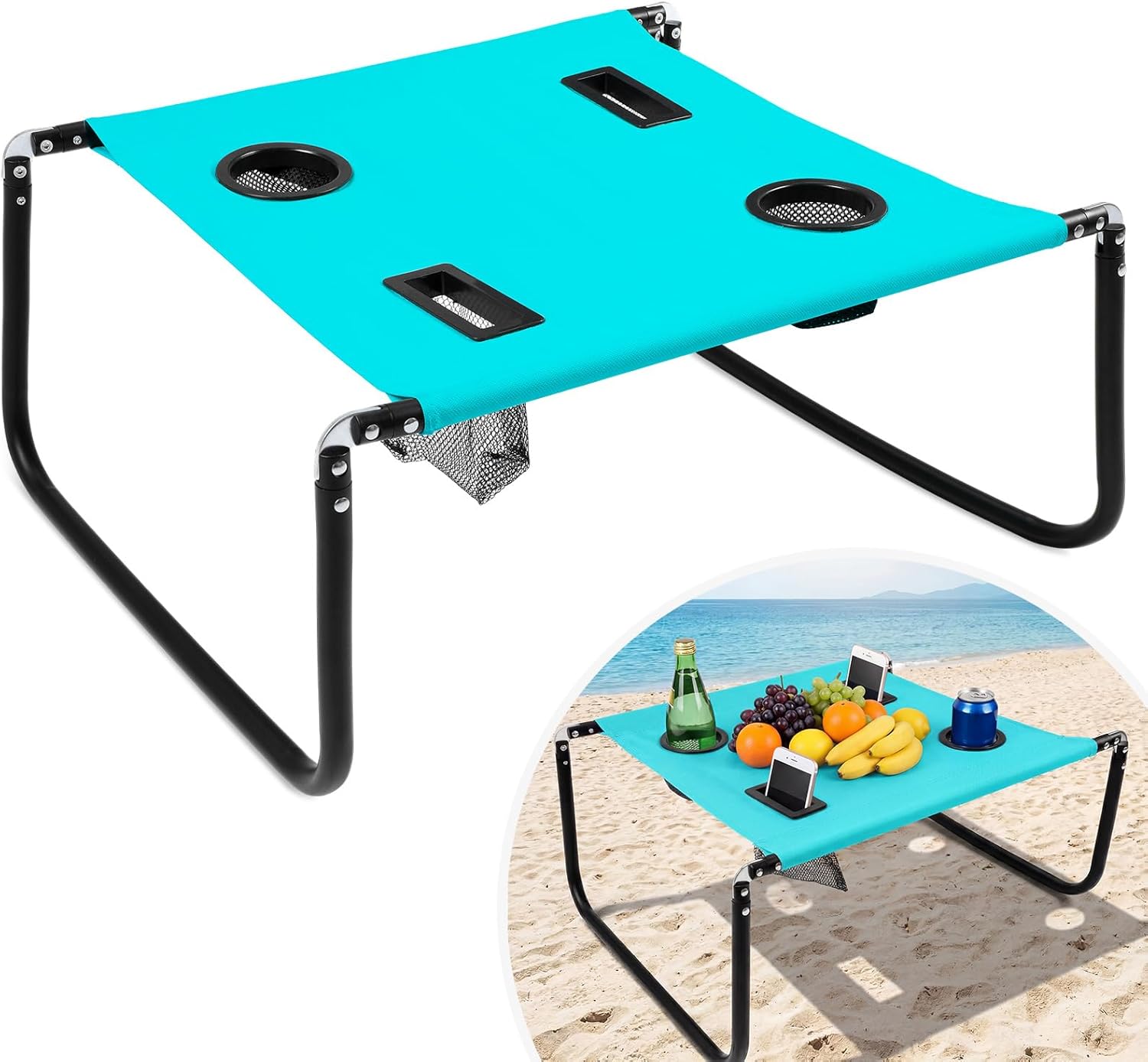 Portable Beach Table Foldable Camping Picnic Table with Cup Holder and Phone Pockets Lightweight Stable for Tailgate Travel Fishing Hiking and Outdoor Adventures(Lake Blue,Solid Pattern)