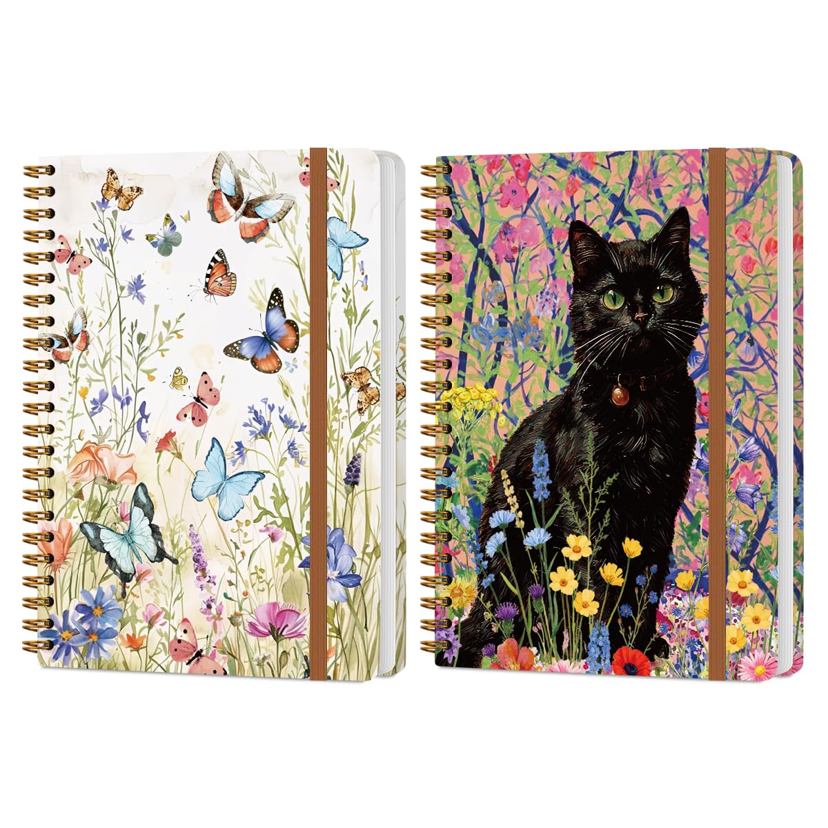 2Pcs Spiral Notebook, Floral Butterfly Cat College Ruled Spiral Notebook, Multi Subject Notebooks, 120 Ruled Pages Hardcover Journals for Writing