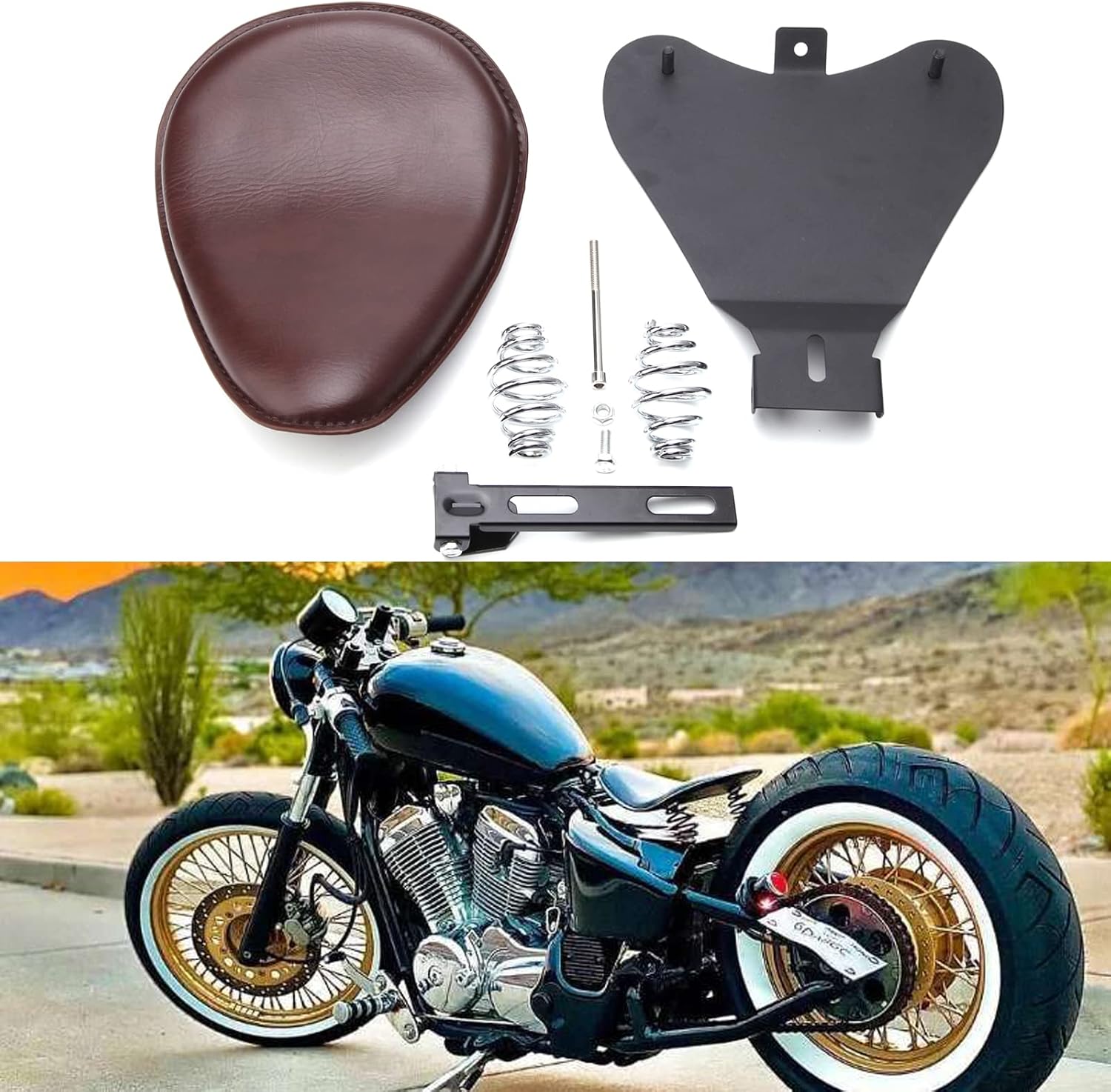 Custom Brown Motorcycle Leather Solo Seat with Spring Baseplate for Sportster XL 1200 883 48 Chopper Bobber Dyna Low