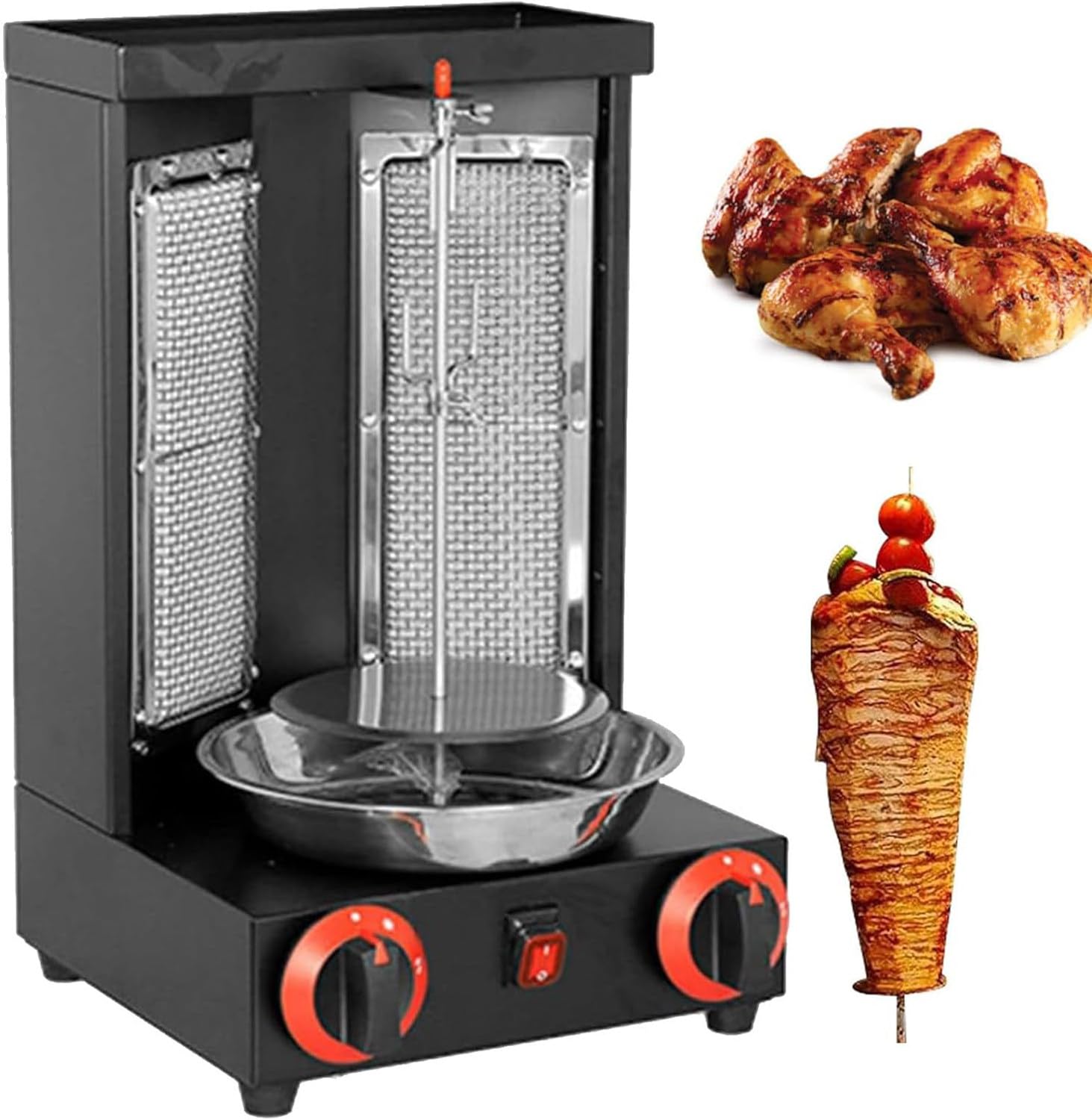Commercial Meat Rotisserie,Electric Vertical Kebab Grill,Countertop Gas Grill Machine,Automatic Rotating Skewers Machine,Indoor Kebab Machine Black-DoubleKnob