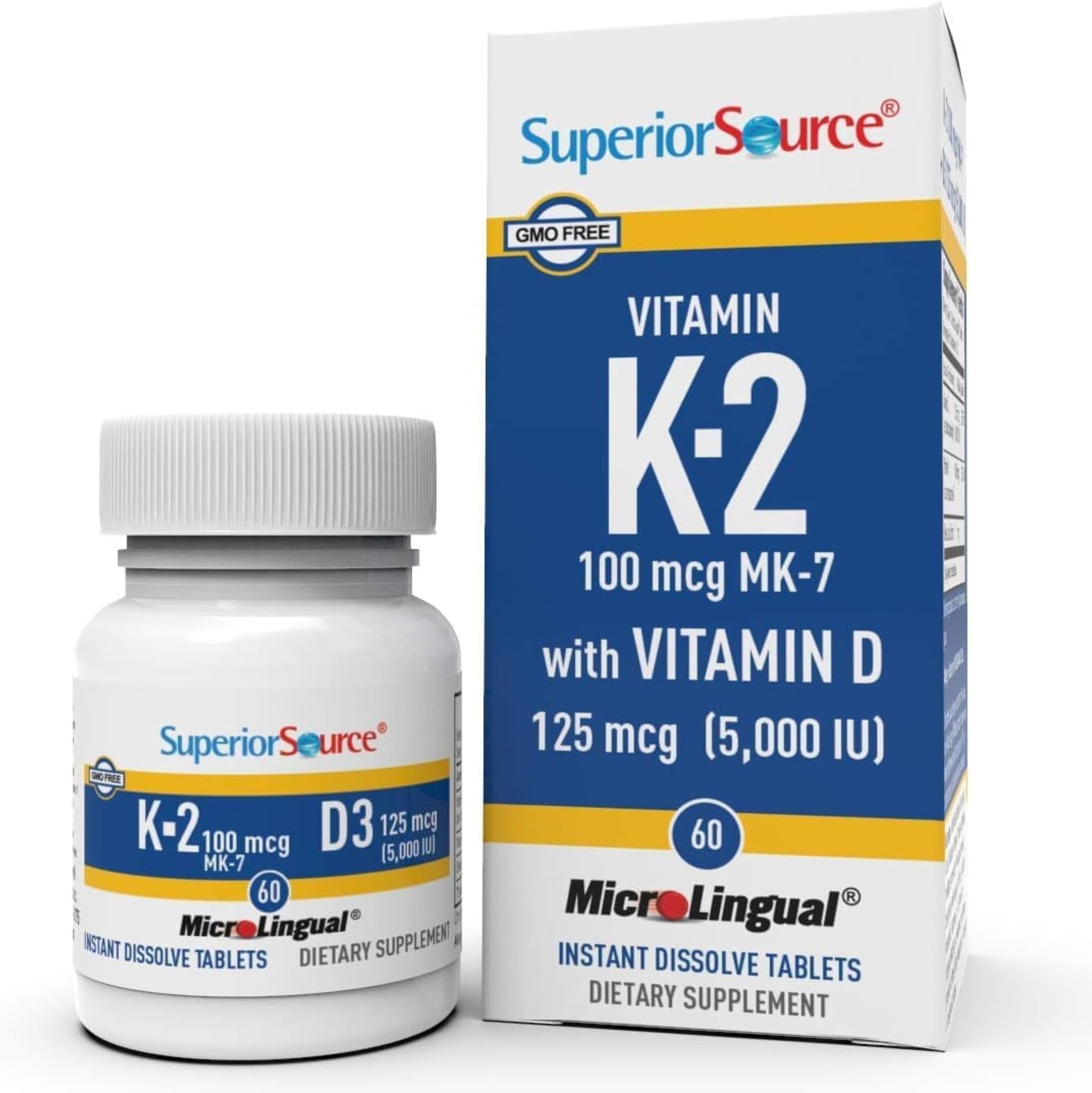Superior Source K2 (MK-7) 100 mcg, with D3 (5,000 IU) Supplement, Quick Dissolve MicroLingual Tablets, 60 Count, Strengthen Bones, Cardiovascular & Immune System Support, Non-GMO