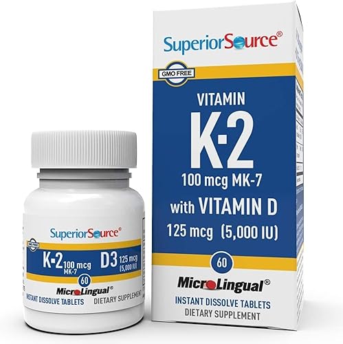 Superior Source K2 (MK-7) 100 mcg, con suplemento D3 (5,000 UI), tabletas microlingües de disolución rápida, 60 unidades, fortalece los huesos,
