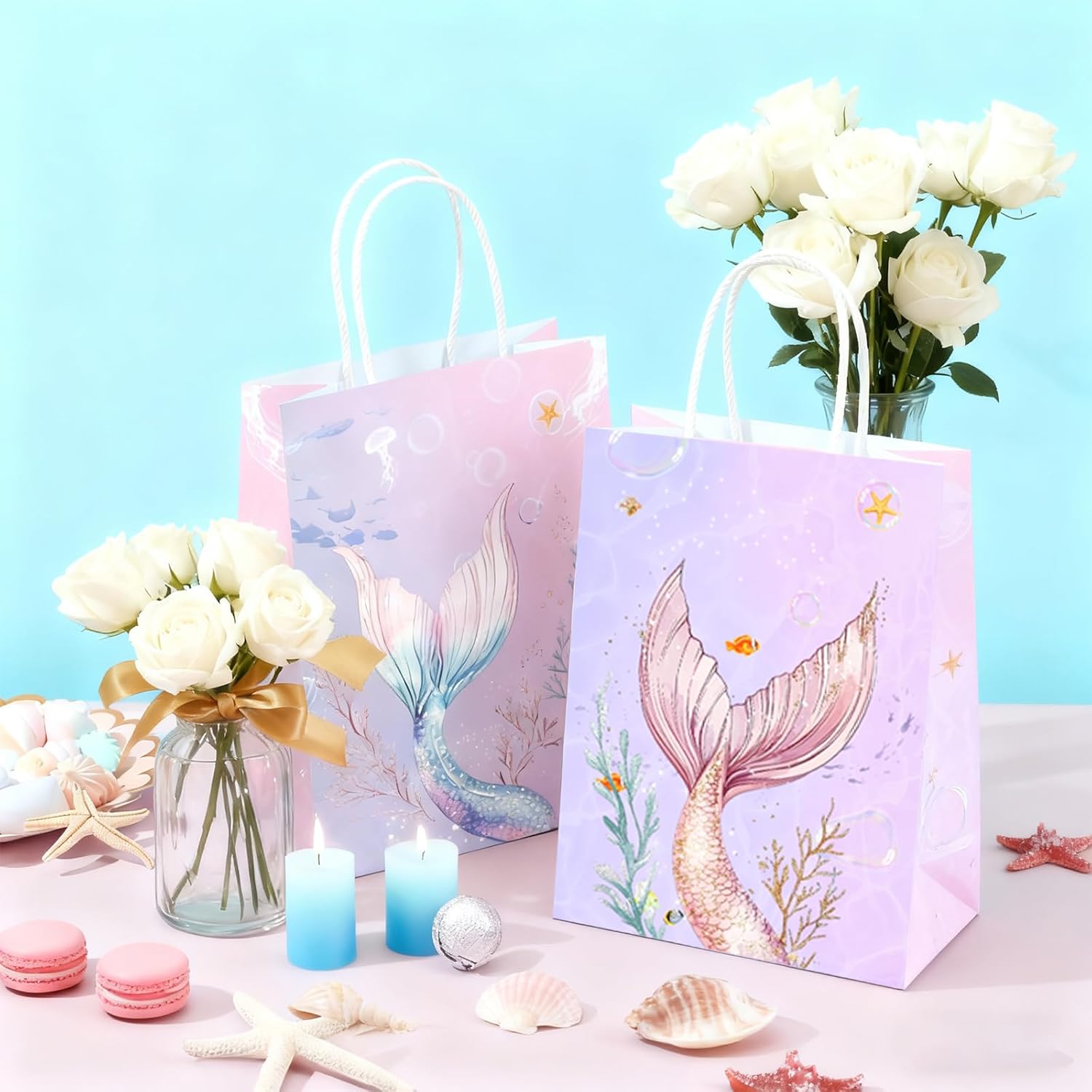 Kiooaci 24 Pcs Mermaid Party Favor Bags, Mermaid Paper Gift Goodie Treat Candy Bags with Handles for Kids' Birthday Themed Party Supplies - Image 5