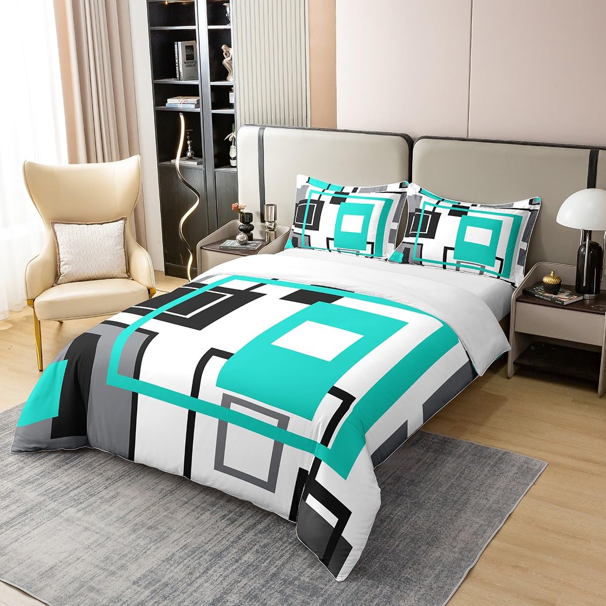 Homewish Natural Cotton Turquoise Geometric Duvet Cover Black White Teal Grey Bedding Sets Super King Size - Image 2