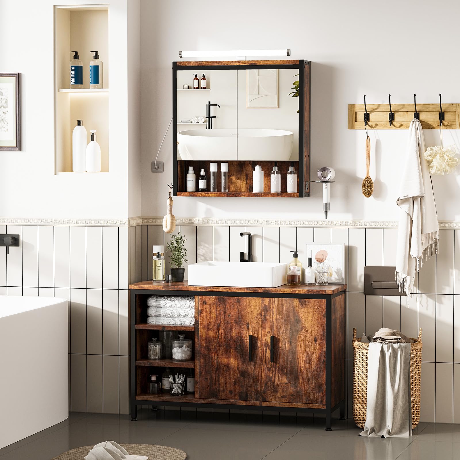 ELUCHANG Meuble Salle de Bain, Meuble sous Lavabo, Étagères Réglable, Compartiments Fermés,Meuble de Rangement, Meuble Vasque Salle de Bain,90x30x60cm, Vintage+Noir