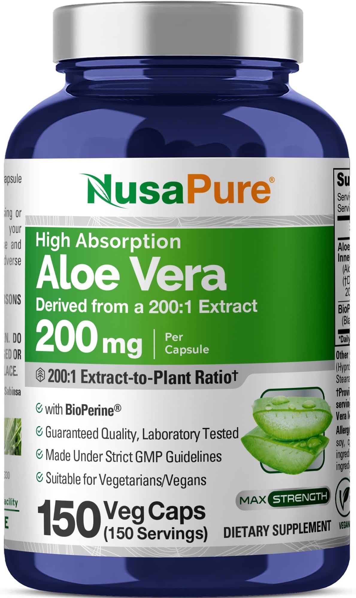 NusaPure Aloe Vera, 200 mg, 150 Veg Capsules (Non-GMO, Vegan)