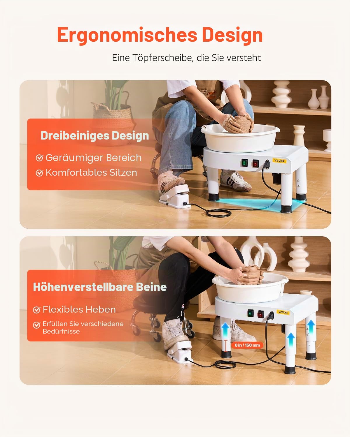 VEVOR Töpferscheibe Töpferformmaschine 28 cm Keramik-Radformmaschine mit einstellbarem Pedal & abnehmbarem Becken, komplettes Keramikscheibe-Set für Arbeit Kunst Handwerk Heimwerken, weiß