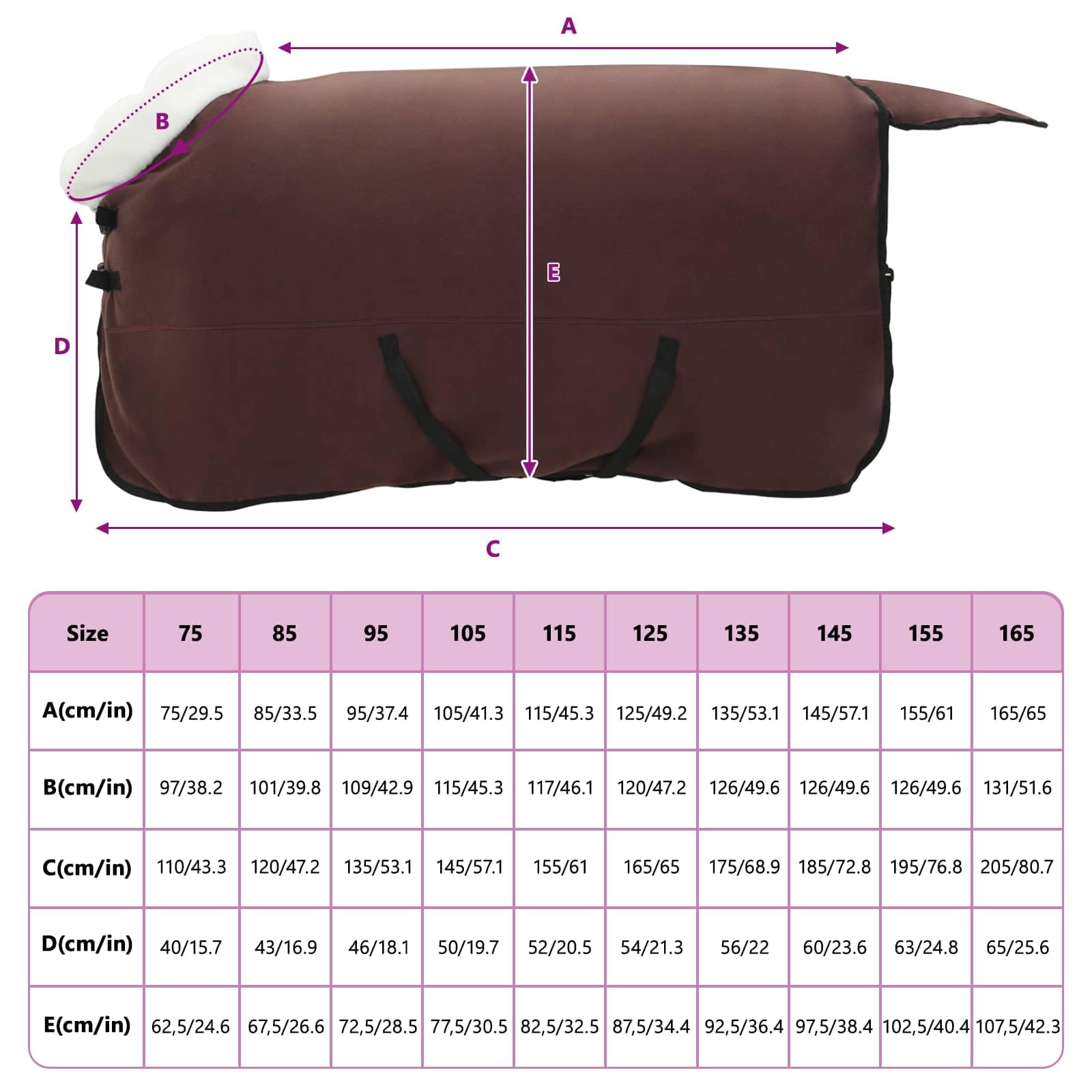 Pferdefleecedecke Dunkelbraun 165 cm Polarfleece für kaltes Wetter mit abnehmbarem Bezug, verstellbaren Schnallen und winddichtem Design – warme Pferdedecke für den Winter.