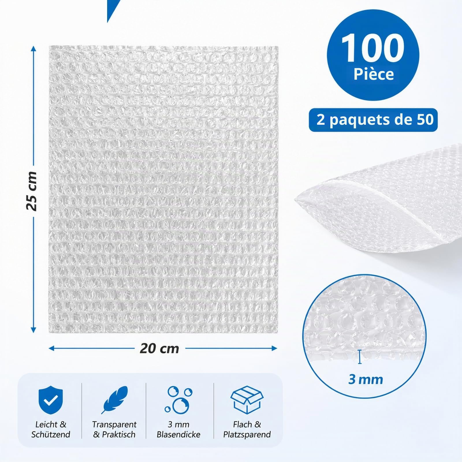 CYEER Lot de 100 Sacs à Bulles 20x25 cm - Pochettes de Protection Antichoc pour Expédition et Déménagement - Emballage Rembourré pour Objets Fragiles, Vaisselle, Verre et Électronique