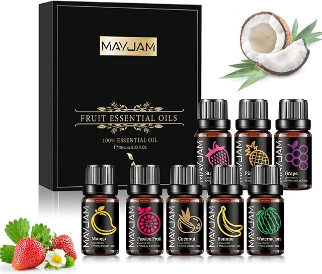 MAYJAM Fruity Fragrance Essential Oils Set 8 x 10ML, Fruits Scented Oils for Diffuser Candle Making - Mango, Passion Fruit, Strawberry, Watermelon, Coconut, Pineapple, Banana, Grape