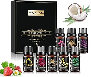 MAYJAM Fruity Fragrance Essential Oils Set 8 x 10ML, Fruits Scented Oils for Diffuser Candle Making - Mango, Passion Fruit, Strawberry, Watermelon, Coconut, Pineapple, Banana, Grape