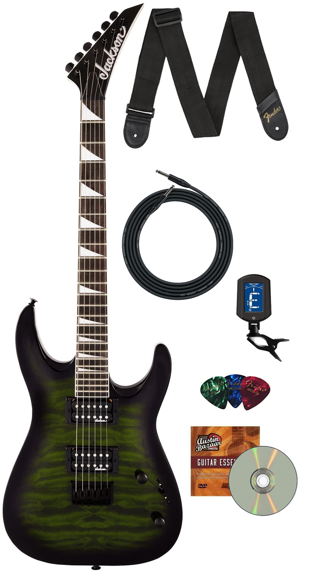 Jackson JS Series Dinky Arch Top JS32Q DKA HT Electric Guitar - Transparent Green Burst Bundle with Cable, Tuner, Strap, Picks, and Austin Bazaar Instructional DVD