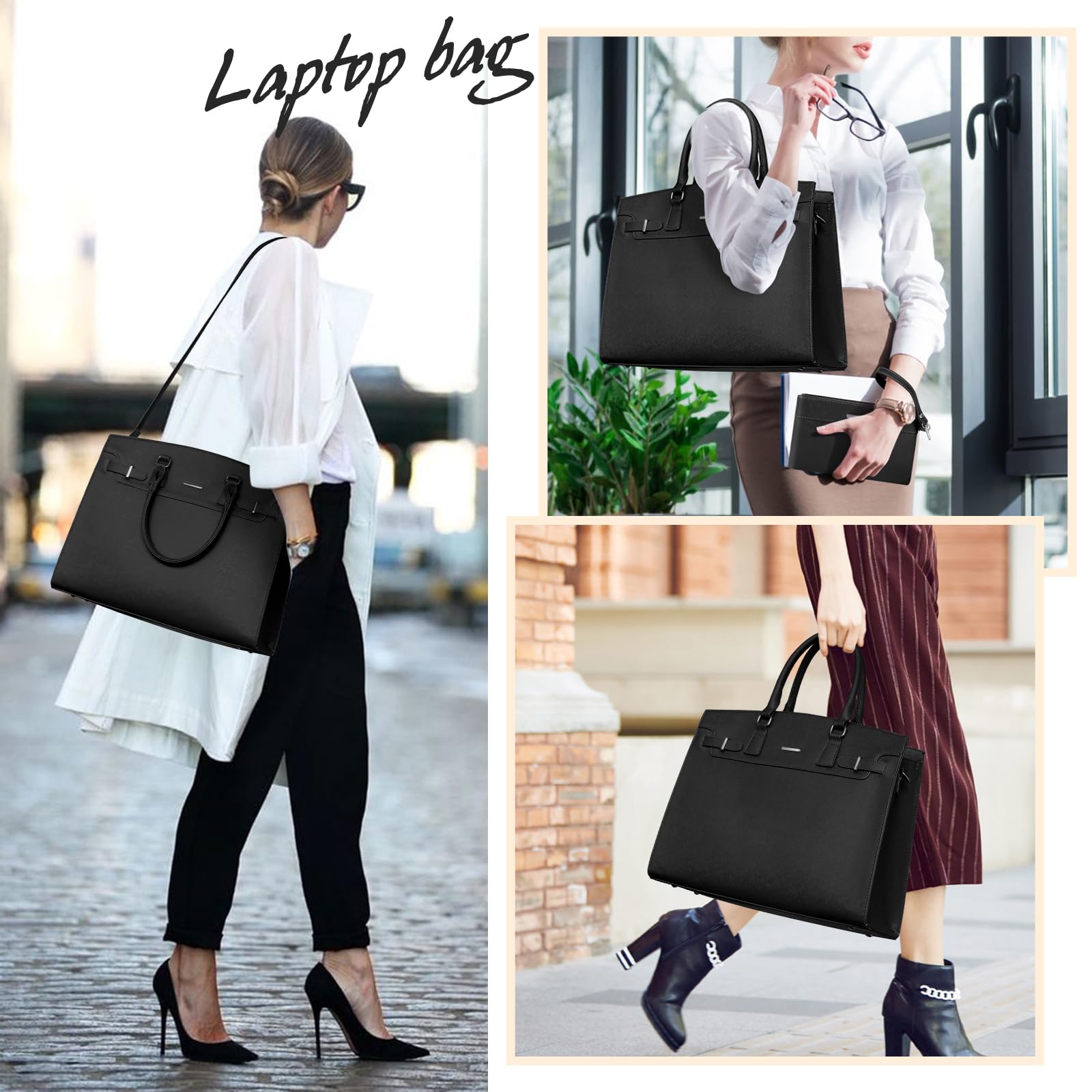 RAINSMORE Laptop Bag for Women 15.6 Inch Waterproof Leather Laptop Tote Bag Business Office Work Bag Professional Briefcase Large Computer Tote Handbag Shoulder Bag with Satchel Purse 2pcs Set, Black