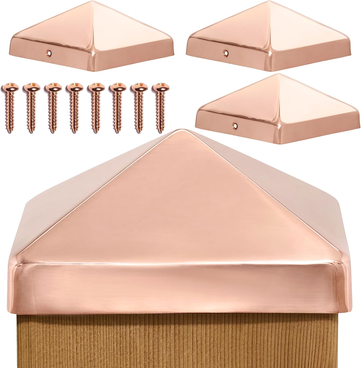 6x6 Copper Pyramid Post Caps (4-Pack) - Extended Lip - Solid Copper - Will Patina Naturally (5-1/2" x 5-1/2") (4, 6x6)