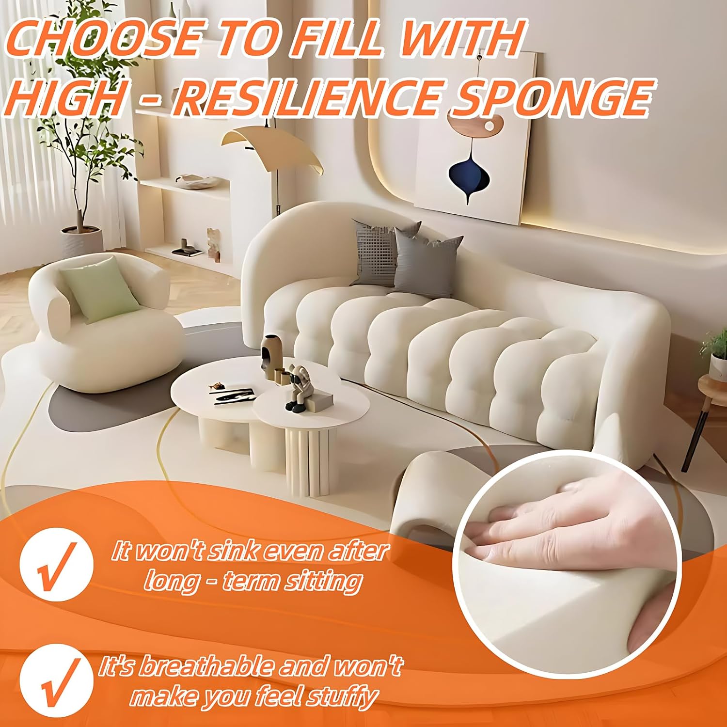 106.3IN Sofas for Living Room - Comfy Couches, Soft Fabric & Wide Armrest Design | Sofa Set for Living Room, Thick and Wide Seat Cushions, Irregular Coffee Table (Style B)