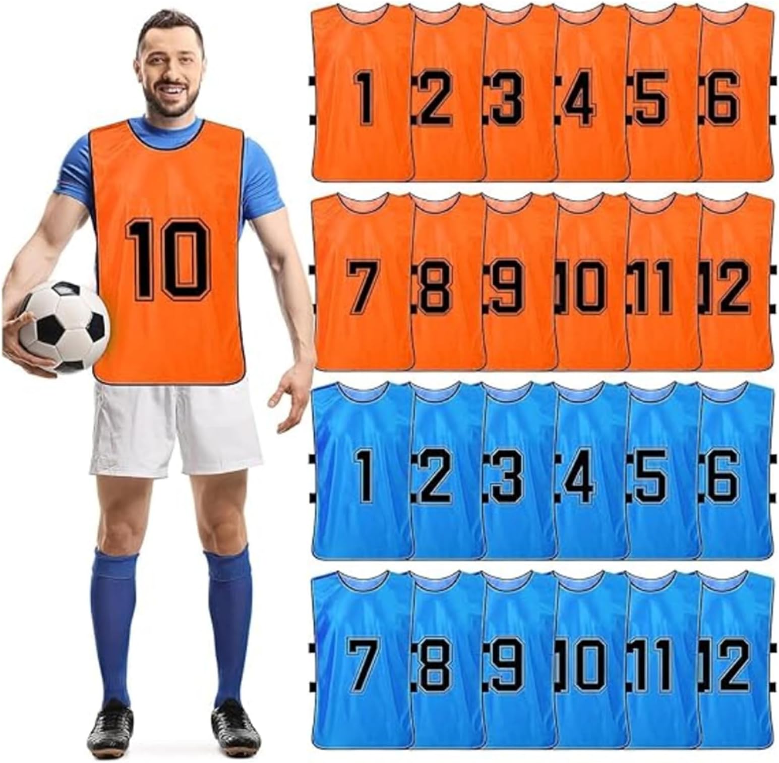 24 Pcs Scrimmage Training Vest - Soccer, Basketball, Football Bibs/Pinnies, Reversible Numbered Team Sports Pinnies Jerseys (Blue & Orange)