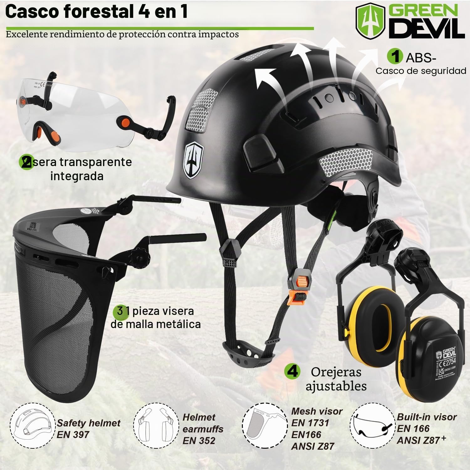 GREEN DEVIL Casco de seguridad para motosierra forestal EN397, certificado EN397, sistema 5 en 1 con protección facial de malla, visera integrada y orejeras, ventilado, para trampas de madera y
