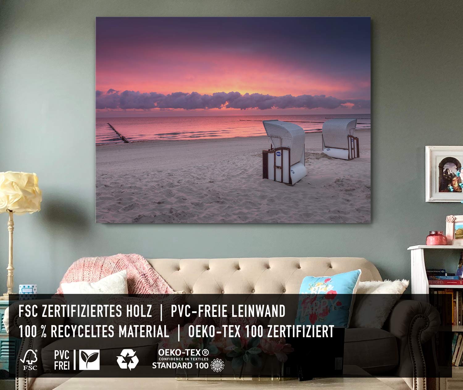 BilderKing Atemberaubendes Ostsee XXL Leinwandbild 120cm x 80cm, Motiv Usedom Sonnenuntergang, Strandkörbe. Einzigartiges Panorama-Bild für Wohnzimmer, Schlafzimmer. aufgespannt auf 4cm Keilrahmen