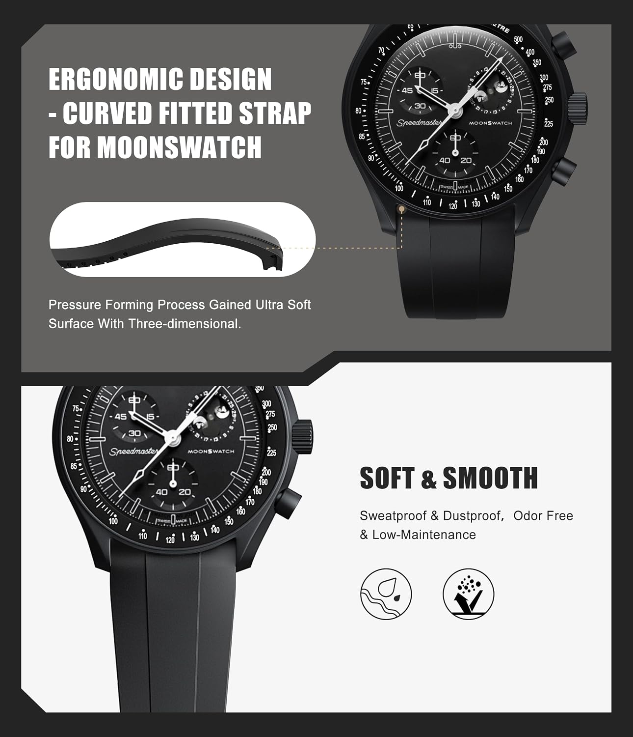 Strap for Moonswatch Watch,Cut to Size No Gap Silicone Strap for Omega X Swatch Speedmaster Moonswatch Watch 20mm,Soft Curved Replacement Strap for Swatch Omega Men Women