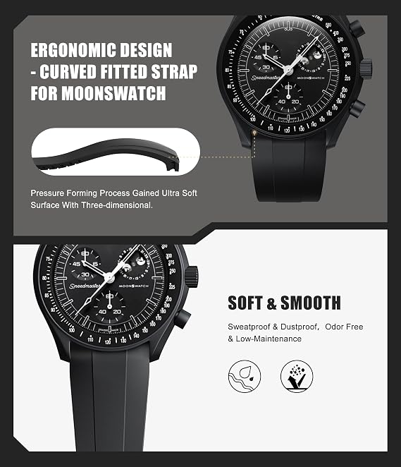 Strap for Moonswatch Watch,Cut to Size No Gap Silicone Strap for Omega X Swatch Speedmaster Moonswatch Watch 20mm,Soft Curved Replacement Band for Swatch Omega Men Women