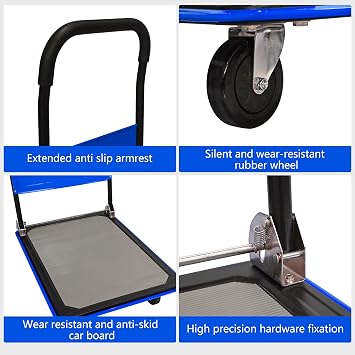 Moving Platform Hand Truck 330LB.Foldable Push Cart Dolly with 360 Degree Swivel Wheels.Space Saving Dolly Cart for Easy Storage.Collapsible Rolling Tool Cart.Flatbed Cart (Blue, 330LB-II)