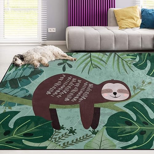Naanle Tropical Sloth Non Slip Area Rug for Living Dinning Room Bedroom Kitchen, 1.7 ' x 2.6'(20 x 31 Inches / 50 x 80 cm), Palm Leaf Sloth Nursery Rug Floor Carpet Yoga Mat