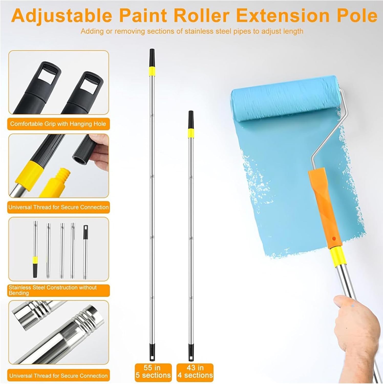 Paint Roller Kit, Adjustable Painting Roller with Extension Pole, Multi Purpose Tool Set for House Projects, Renovation, Decorations, Crafts, Cabinets, Decks Doors Touch Ups Ceilings Fences