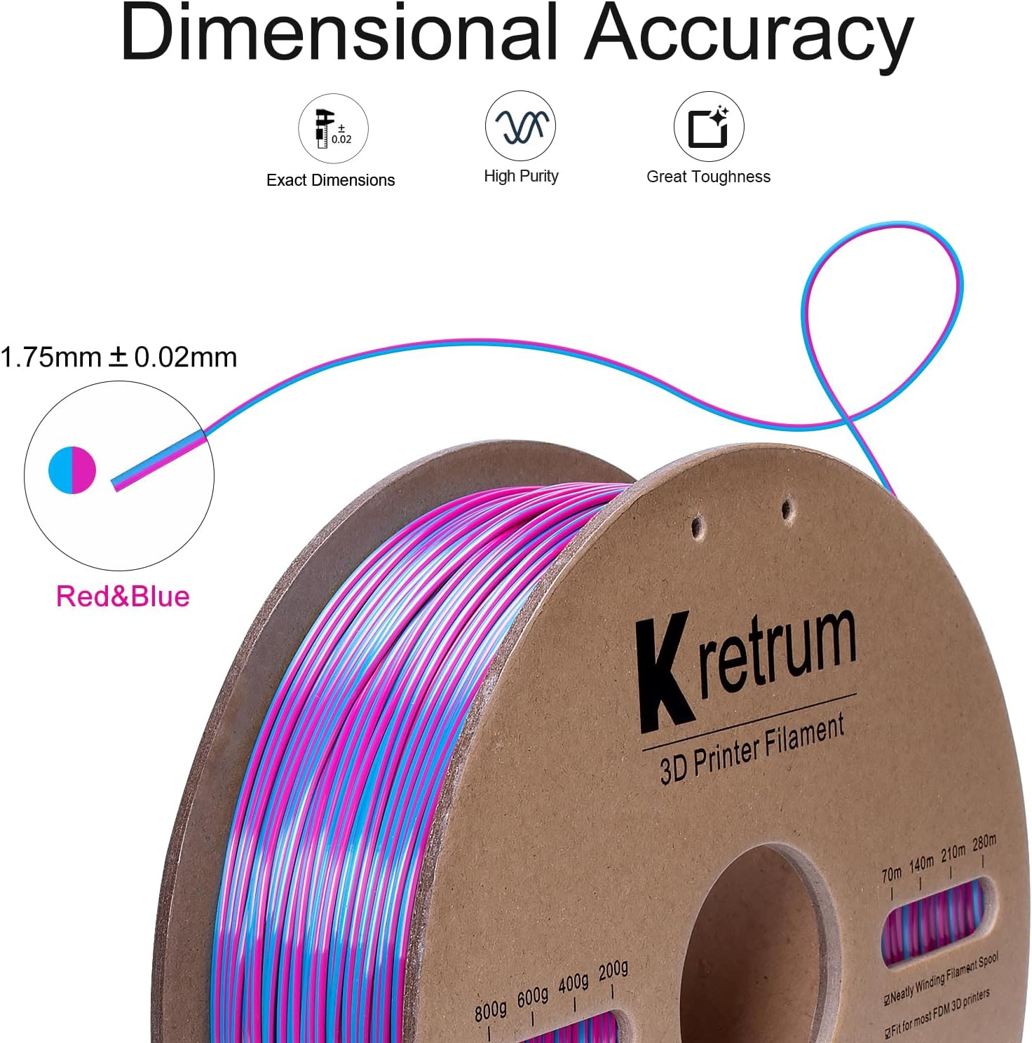 Kretrum Dual Color Silk PLA 3D Printer Filament 1.75mm Silk PLA Color Changing 3D Printing Filament 1kg / 2.2lbs Purple & Blue