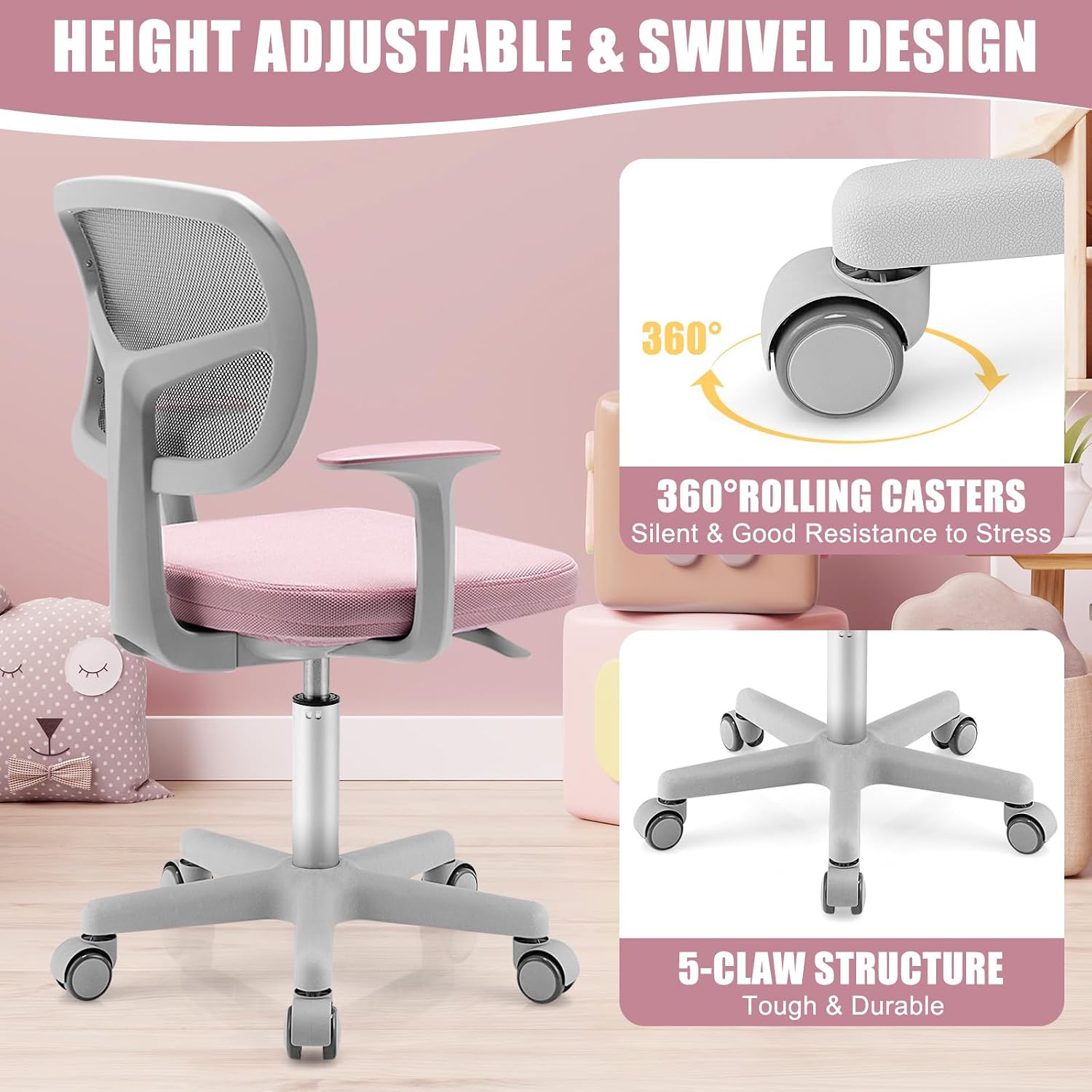 GLACER Kids Desk Chair, Height Adjustable Kids Study Chair w/Arms & Wheels, Swivel, Mid Back, Mesh Rolling Kids Office Chair, Kids Computer Chair for Teens & Child, Home/School/Office