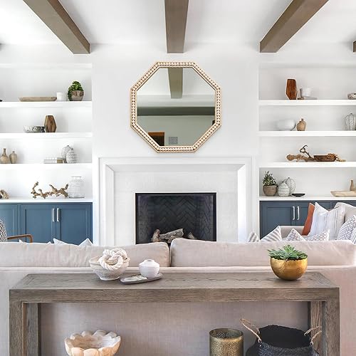 Miniatura 6 de Gumcoly Espejo de pared circular de 20 pulgadas, espejo redondo con marco de madera, borde ondulado dorado, espejo decorativo de tocador, espejo de