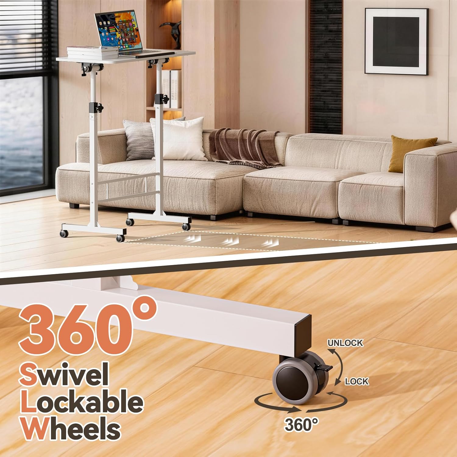 32 Inch Rolling Standing Desk Adjustable Height, Small Mobile Laptop Stand Up Table with Tiltable Tabletop & Lockable Wheel, Portable Workstations for Home Office & Walking Pad Treadmill, White