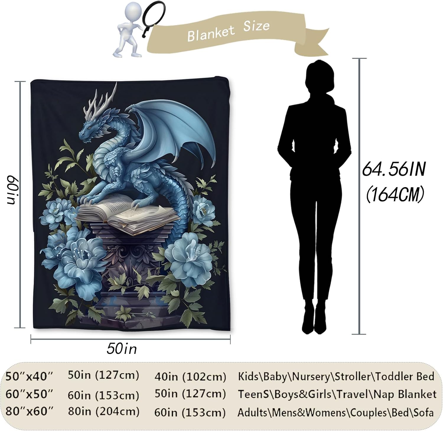 Fantasy Dragon Book Blanket Gifts, Flannel Throw Blanket with Flowers for Couch, Bed, Travel & Decor, Cozy Lightweight Warm Animal Blankets for Adults Women Book Lovers 60×50 in