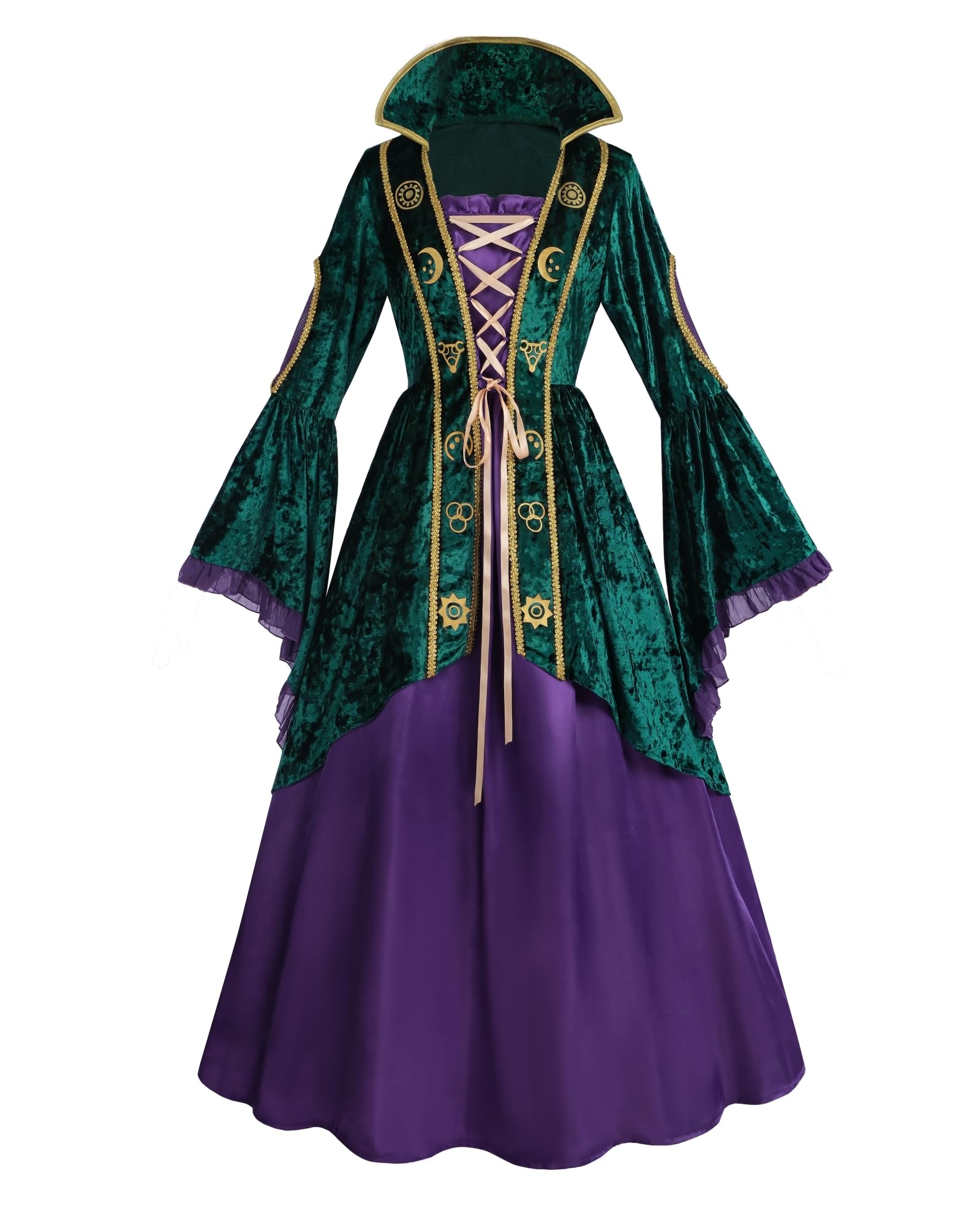 Fiamll Vestido de bruja verde vintage para mujer, vestido de cosplay, con aspecto de terciopelo, para Halloween, carnaval, fantasía, bruja, estilo retro, atuendo para mujeres