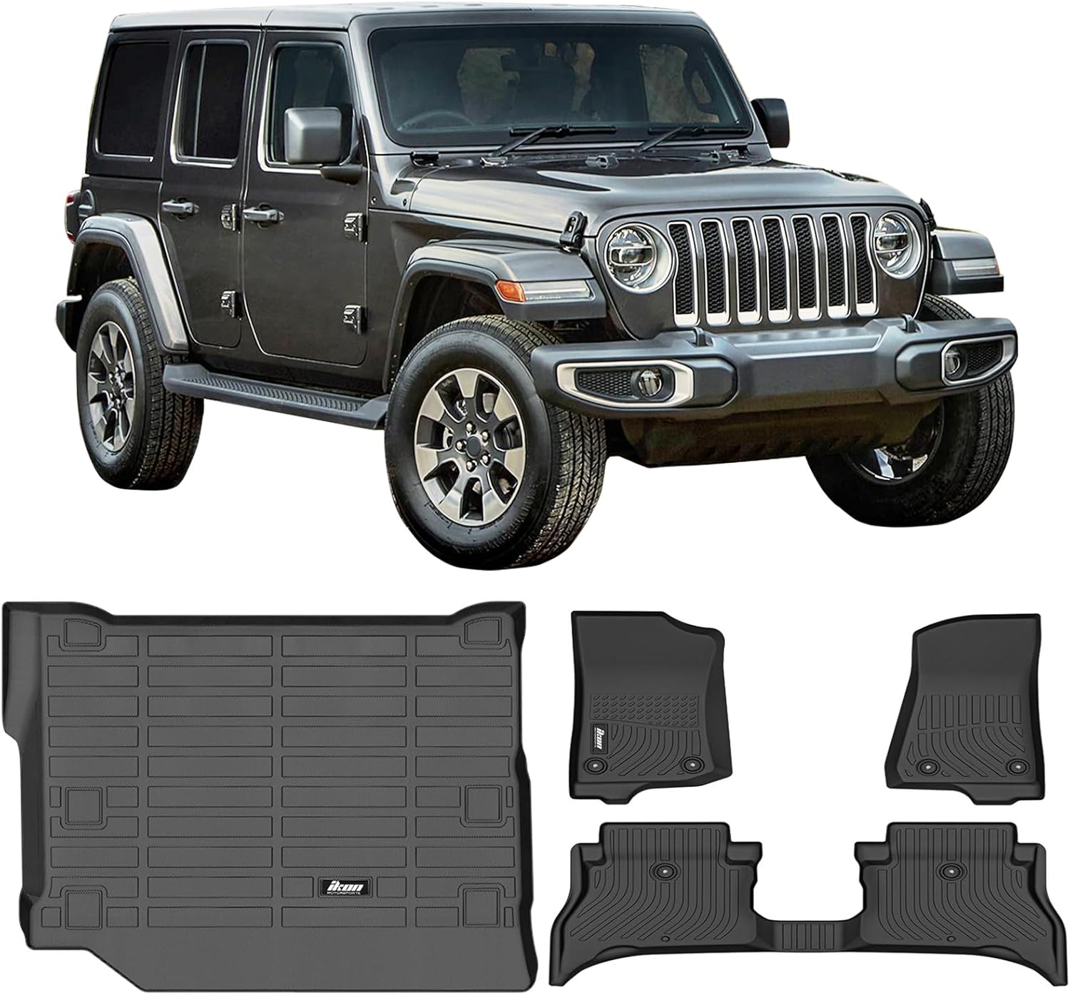 IKON MOTORSPORTS 3D TPE Floor Mats & Cargo Trunk Liner, Compatible with 2021-2025 Jeep Wrangler 4xe, All Weather Waterproof Floor Liners, Custom Fit Heavy Duty Rear Tray Cargo Mats Protector, Black